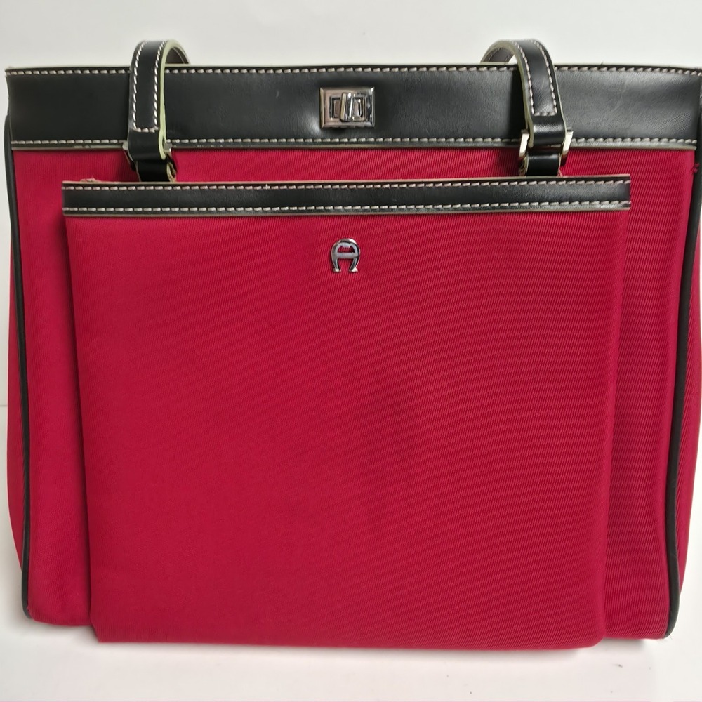 Vintage Etienne Aigner Red Canvas Tote Handbag Black Trim Horseshoe Logo 90s